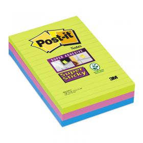 Post-it Super Sticky Notes Ruled 90 Sheets 102x152mm Limeade/Fuchsia/Turquoise Ref 660SSUC Pack of 3 615660
