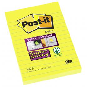 Post-it Super Sticky Removable Notes Ruled Pad 90 Sheets 102x152mm Yellow Ref 660S Pack of 6 628969