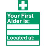 Stewart Superior Your First-Aider Is Located At Sign W150XH200mm Self Adhesive Sign Ref SP049SAV 686281