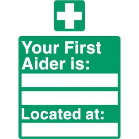 Stewart Superior Your First-Aider Is Located At Sign W150XH200mm Self Adhesive Sign Ref SP049SAV 686281