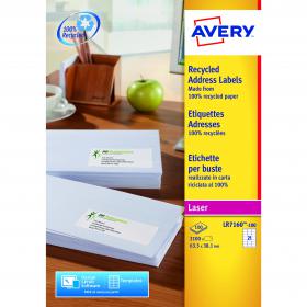 Avery Addressing Labels Laser Recycled 21 per Sheet 63.5x38.1mm White Ref LR7160-100 [2100 Labels] 796162