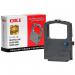 In the picture, there are several Oki Systems ink cartridges and a black OKI ribbon fabric made of nylon. The cartridges are neatly lined up and the ribbon is rolled tightly. The packaging is professional and the items appear to be high quality.