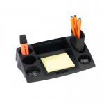 In the picture, there is a black desk tidy from Avery UK. It has a removable pen pot and is part of the DTR Desk Tidy line. The desk tidys design is sleek and modern, with several compartments of varying sizes to hold office supplies such as pens, paper clips, and sticky notes. The black color adds a touch of sophistication, making it a stylish addition to any desk. The pen pot can easily be removed for added convenience. Overall, the Avery DTR Desk Tidy is a practical and functional accessory for organizing your workspace.