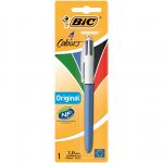 In the photograph, there are four Bic Ballpoint pens lined up horizontally. They have a sleek, silver barrel with clear markings indicating their colors - blue, black, red, and green. The pens have a medium 1.0mm tip and create a fine 0.32mm line. The ink colors are vibrant and stand out against the white background. The pens have a retractable design and a clip for easy storage and use. Overall, the pens look reliable and functional for everyday writing tasks.