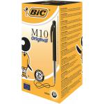 The image shows a pack of 50 Bic M10 Clic Ballpoint pens, each with a 1.0mm retractable tip and a 0.32mm black line. The pens are neatly arranged and clearly labeled with the Bic logo. They have a sleek, modern design and appear to be of high quality. The background is a crisp white, allowing the pens to stand out. The overall impression is one of convenience and reliability for all of your writing needs.