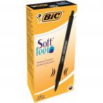 The photograph shows a set of 12 Bic Ballpoint Pens with a sleek and rubberised retractable barrel. The pens have a medium 1.0mm tip, creating precise 0.32mm lines in a bold black ink. The ergonomic design of the pens, known as the Bic SoftFeel Clic Pen, makes them comfortable to hold and use for extended periods of time. The photograph captures the high-quality craftsmanship and professional appearance of these reliable writing tools.