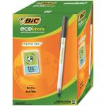 The photo shows a pack of 60 Bic Eco Pens, specifically the Bic Ecolutions Stic Ball Pen. The pen has a slim design and is made with recycled materials. It has a 1.0mm tip and produces a 0.32mm black line. The pens are neatly arranged in the packaging, ready to be used.