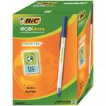 The picture shows a pack of Bic Eco Pens, specifically the Bic Ecolutions Stic Ball Pen model. These pens are slim and have a 1.0mm tip, creating a fine 0.32mm line. The color of the pen is a deep blue. The pack contains 60 pens in total. The pens are made from recycled materials, in line with the eco-friendly theme.