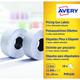 Avery Labels for Labelling Gun 2-Line Removable White 16x26mm 1200 per Roll Ref PLR1626 Pack of 10 879428