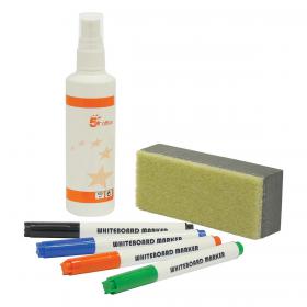5 Star Office Drywipe Starter Kit 4 Asst Whiteboard Markers/Eraser/125ml Whiteboard Cleaning Fluid Spray 902053