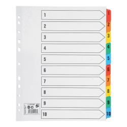 Cheap Stationery Supply of 5 Star Office Maxi Index 1-10 Multipunched Mylar-reinforced Multicolour-Tabs 150gsm Extra Wide A4+ White Office Statationery