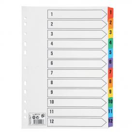 5 Star Office Index 1-12 Multipunched Mylar-reinforced Multicolour-Tabs 150gsm A4 White 907174