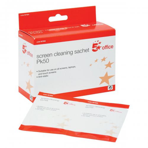 Cheap Stationery Supply of 5 Star Office Screen Cleaning Sachets Anti-static Pack of 50 Wipes 907905 Office Statationery