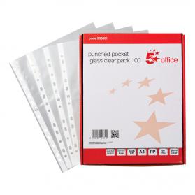 5 Star Office Punched Pocket Polypropylene Top and Side-opening 50 Micron A4 Glass Clear Pack of 100 908331