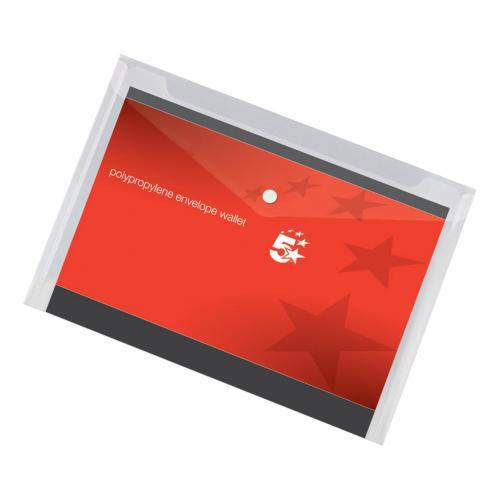 Cheap Stationery Supply of 5 Star Office Envelope Stud Wallet Polypropylene A4 Transparent Clear Pack of 5 908765 Office Statationery