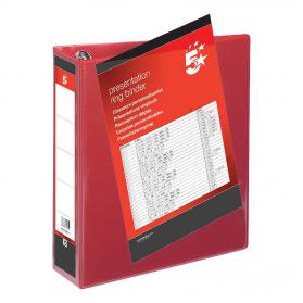 5 Star Office Presentation Ring Binder Polypropylene 4 D-Ring 65mm Size A4 Red Pack of 10 933127