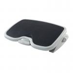 In this photograph, a black and grey Kensington SmartFit Solemate Plus footrest and back support can be seen. The footrest is height adjustable for personalized comfort and support. Its sleek design and compact size make it a great addition to any workspace.