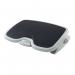 In this photograph, a black and grey Kensington SmartFit Solemate Plus footrest and back support can be seen. The footrest is height adjustable for personalized comfort and support. Its sleek design and compact size make it a great addition to any workspace.