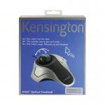 This image shows a silver and grey Kensington trackball with an optical trackball feature. It has a sleek design with smooth curves and a matte finish. The device has several buttons and a scroll wheel, perfect for precision pointing and scrolling on a computer screen.