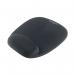 This image features a black Kensington Foam Mouse Mat with a cushioned wristrest, ideal for long hours of computer use. The mat has a smooth texture and features the Kensington logo in the bottom corner.