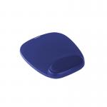 This photo features a blue Kensington foam mouse mat with a cushioned wristrest. The mat has a smooth surface for optimal mouse tracking and a non-slip base to prevent movement. The wristrest provides comfortable support for extended use.