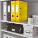 In the image, there are 10 yellow ACCO Brands Lever Arch Files from the Leitz 180° WOW collection. Each file has a width of 80mm and is designed to hold A4 sized documents. The files have a laminated finish for added durability and a modern, sleek look. The outer carton is visible in the background, showing the full pack of 10 files. The vibrant yellow color adds a pop of color to any workspace.