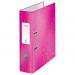 In the image, there are ten vibrant metallic pink lever arch files with Leitz WOW labeled on the spine. The files are designed for A4 sized papers and have a width of 80mm. They are neatly stacked in an outer carton, showcasing their durability and professional appearance.