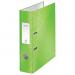 The image shows a set of 10 vibrant and stylish green lever arch files from ACCO Brands. Each file has a laminated cover with the Leitz 180° WOW design, adding a touch of modern sophistication. The files have a spacious 80mm capacity, making them ideal for storing A4-sized documents. The outer carton conveniently holds all 10 files, ensuring easy organization.