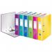 The image shows a stack of 10 brightly colored ACCO Brands Lever Arch Files from the Leitz 180° WOW Lever Arch File line. Each file has a 80mm spine and is labeled as being for A4 sized paper. The files are assorted in color, with each one featuring a vibrant shade to add a pop of color to your filing system. The outer carton is clearly visible in the background, indicating that these files come in a pack of 10. The sleek and modern design of the files, combined with the bold colors, makes them stand out and adds a touch of style to any workspace.