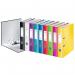 This image shows a stack of 10 Leitz brand lever arch files from ACCO Brands. The files are a vibrant and eye-catching color from the WOW series and are laminated for durability. Each file has a unique 180° lever arch mechanism for easy opening and closing. The files are packaged in an outer carton for easy transport.