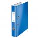 The image displays a stack of shiny metal blue lever arch files with the ACCO Brands and Leitz logos on the spine. The files are designed with a WOW pattern, adding a touch of style to any office space. Each file has a 50mm spine and can hold A4-sized documents. The outer carton contains 10 files, providing a convenient solution for organizing and storing multiple documents.