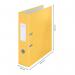 The image shows six ACCO Brands Lever Arch Files in a soft yellow color. The files are from the Leitz 180° Cosy Lever Arch File collection and have a soft touch texture. Each file has a width of 80mm and holds A4 size documents. The outer carton contains all six files.