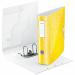 The picture shows a set of five yellow ACCO Brands Lever Arch Files, with the brand name Leitz and the product name 180° Active WOW Lever Arch File clearly displayed. The files are designed to fit A4 sized documents and have a 75mm spine for larger capacity. They feature a unique 180 degree mechanism for easy opening and closing. The outer carton is also visible, providing protection and allowing for easy storage.