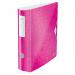 The photo shows an outer carton of five ACCO Brands Lever Arch Files from Leitz. The vibrant pink color of the files catches the eye, making them easy to spot among a stack of documents. Each file has a 75mm width and is designed with the innovative 180° Active WOW Lever Arch File technology. This feature allows the file to open completely flat and stay open, making it easier to insert and retrieve papers. The A4 size makes it perfect for organizing standard-sized documents. Keep your important papers neat and secure with these stylish and functional lever arch files.