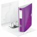 The image shows a set of 5 purple ACCO Brands Lever Arch Files from Leitz, each with a 180° active WOW lever arch file design. The files are A4 size and have a 75mm spine thickness. The outer carton packaging can be seen, indicating that these files come in a convenient set.