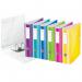 The photo shows five colorful ACCO Brands Lever Arch Files, specifically the Leitz 180° Active WOW Lever Arch Files. They are designed for A4-sized papers and have a 75mm spine for holding even larger amounts of paper. The files come in an assortment of colors and are packaged in an outer carton for easy storage and transportation.