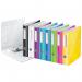 The picture shows a set of five ACCO Brands Lever Arch Files Leitz 180° Active WOW Lever Arch File, neatly stacked on top of each other. The files are designed to hold A4-sized documents and have a wide 50mm spine. The bright white color of the files stands out against the dark background, showcasing their sleek and professional appearance. The labels on the front of the files indicate their use for organizing and storing important papers. The files feature a lever arch mechanism, making it easy to insert and remove pages without causing any damage. The outer carton in which the files are packaged is also visible in the picture, ensuring safe transportation and storage. Overall, the picture portrays a high-quality and efficient filing solution for any workspace.