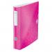 The photograph shows a pack of 5 pink ACCO Brands Lever Arch Files Leitz 180° Active WOW Lever Arch Files. Each file has a 50mm capacity and is designed to hold A4-sized documents. The outer carton of the files can be seen, showcasing the vibrant pink color and the active WOW design on the spine. The files feature a lever arch mechanism for easy opening and closing.