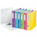 The photograph shows a set of vibrant ACCO Brands Lever Arch Files in assorted colors. These files have the unique feature of Leitz 180° Active WOW technology, allowing them to open fully and lay flat on a desk. Each file has a 50mm spine, providing ample space for holding A4-sized documents. The outer carton contains 5 of these files, neatly stacked and ready to use. Each file has a label on the spine for easy identification.