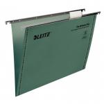 The picture shows a green suspension file with a clenched bar and V-base, designed by ACCO Brands. The file has a foolscap size and comes in a pack of 50. The file features a suspension filing system and is from the Leitz Ultimate series.