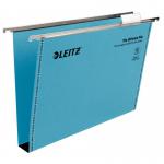 The photo shows a pack of 50 blue, foolscap-sized suspension files from ACCO Brands. Each file features Leitz Ultimate Clenched Bar Suspension for secure storage and organization. The bold blue color adds a pop of color to any workspace.