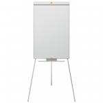 The picture shows a sturdy silver easel with black detailing and three adjustable legs. It is topped with a large flipchart pad, perfect for presenting ideas and projects. The easel is designed by ACCO Brands and is part of their Nobo Classic Steel collection. The pad is securely held in place by clips at the top of the easel. The easel is lightweight and portable, making it easy to transport and use in various settings. The sleek design and classic color scheme make it suitable for professional settings or creative environments.