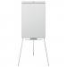 The picture shows a sturdy silver easel with black detailing and three adjustable legs. It is topped with a large flipchart pad, perfect for presenting ideas and projects. The easel is designed by ACCO Brands and is part of their Nobo Classic Steel collection. The pad is securely held in place by clips at the top of the easel. The easel is lightweight and portable, making it easy to transport and use in various settings. The sleek design and classic color scheme make it suitable for professional settings or creative environments.