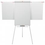 This image shows a sleek, modern flipchart easel with extendable display arms. The surface of the easel is clean and smooth, with the brand name Nobo Classic Nano Clean™ prominently displayed. The easel is mounted on a sturdy tripod base.