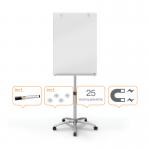 The picture shows a modern and sleek ACCO Brands Flipchart Easel, with a glass surface and a white finish. The easel measures 1850 x 700mm and is equipped with a mobile magnetic whiteboard. It appears to be of high quality and perfect for presentations or brainstorming sessions in any professional setting.