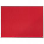 The picture shows a bright red Nobo Essence Felt Notice Board by ACCO Brands. It measures 1200x900mm and is made of high-quality felt material. The board is mounted on a sleek aluminum frame with rounded corners. Pins and notices can be easily attached to the boards surface, making it perfect for displaying important information or showcasing creative ideas. The bold red color adds a pop of color to any workspace or meeting room.