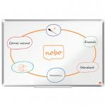This photograph shows a high-quality Nobo magnetic whiteboard with a sleek aluminium trim. The board is EU Ecolabel certified and measures 900x600mm. The smooth enamel surface is perfect for writing and erasing, making it a practical addition to any office or classroom.