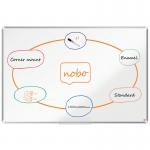 This image shows a sleek and modern ACCO Brands Magnetic Whiteboard from the Nobo Premium Plus Enamel Magnetic series. It measures 1500x1000mm and features a durable aluminium trim. The board is certified with the EU Ecolabel.