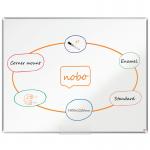 The picture shows a 1500x1200mm Nobo Premium Plus Enamel Magnetic Whiteboard with an aluminum trim from ACCO Brands. The whiteboard is EU Ecolabel certified and has a glossy surface for easy erasing. It also features a magnetic surface for attaching notes or documents.