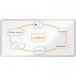 This image shows a premium magnetic whiteboard from ACCO Brands Nobo line. Measuring 1800x900mm, it has an aluminium trim and is EU Ecolabel certified for sustainability. The glossy enamel surface is perfect for writing and erasing, making it ideal for any professional setting.